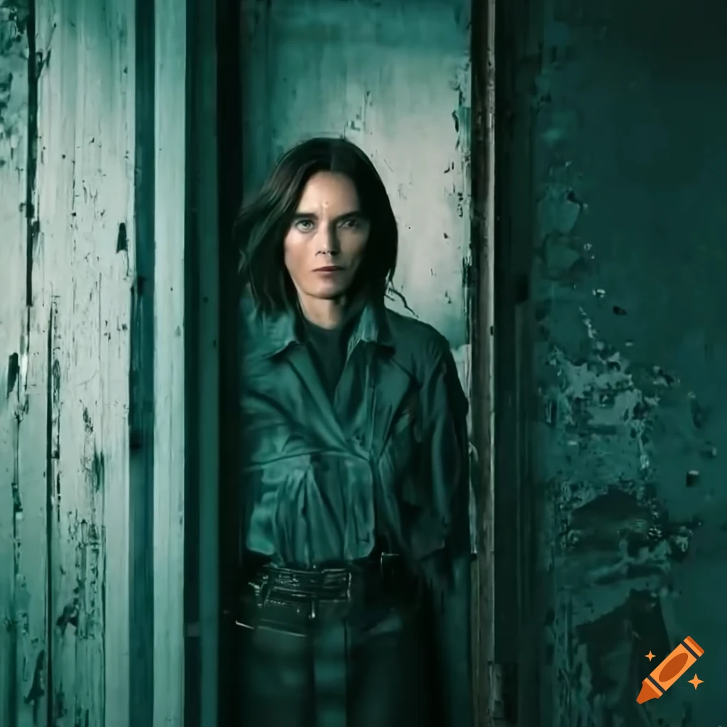 Young British actress in country plaid shirt and high-waist black leather trousers peeking through a door
