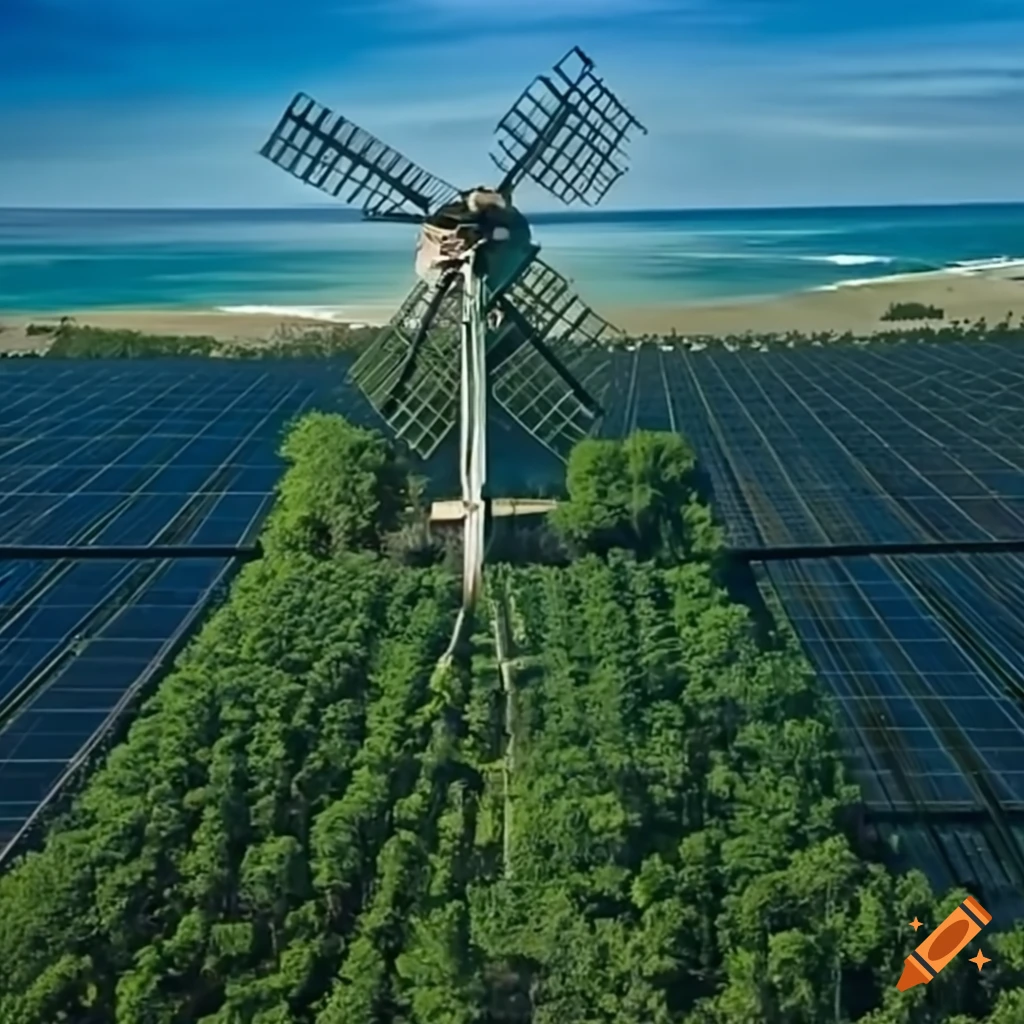 Green just transition with solar panel and windmill in Mediterranean style