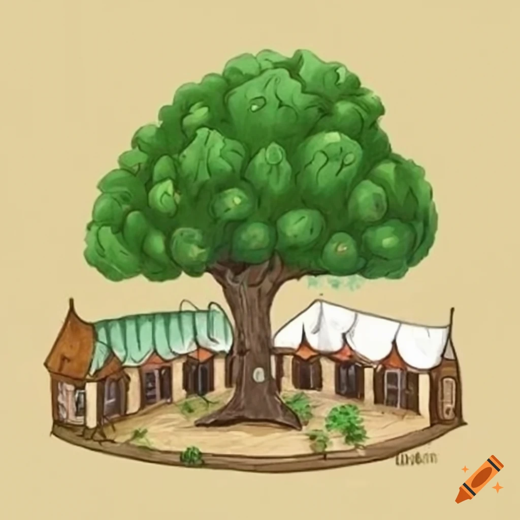 Highly detailed lime tree on medieval market in botanical medieval style