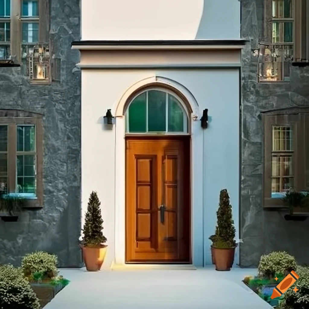 Exterior of a house with white stucco walls, natural stone accents, and ...