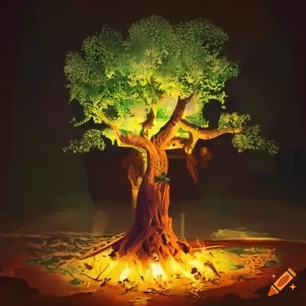 Lime tree with dancing people around bonfire on medieval market place in botanical medieval style