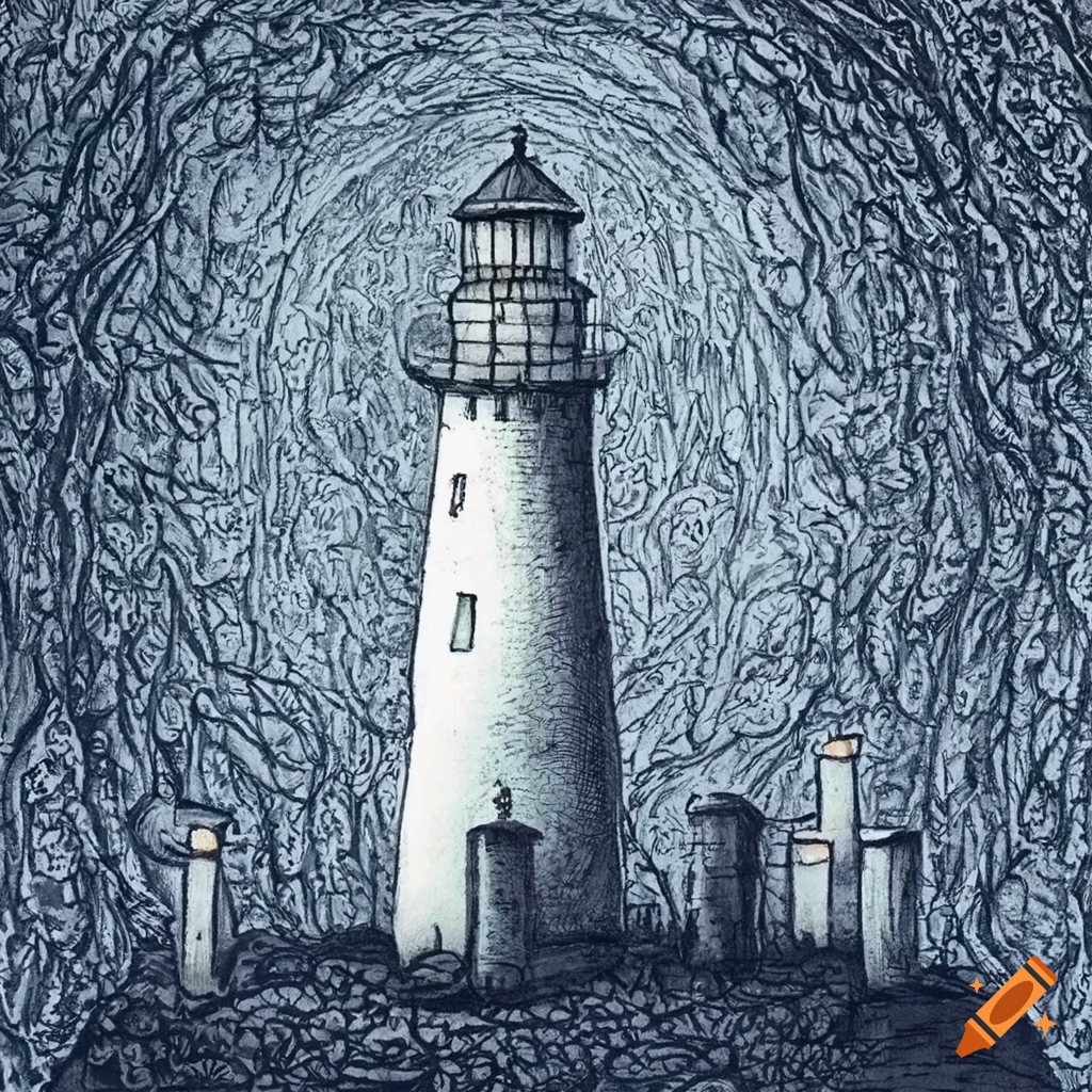 Edward Gorey's detailed lighthouse with candles and mirrors in a gloomy setting