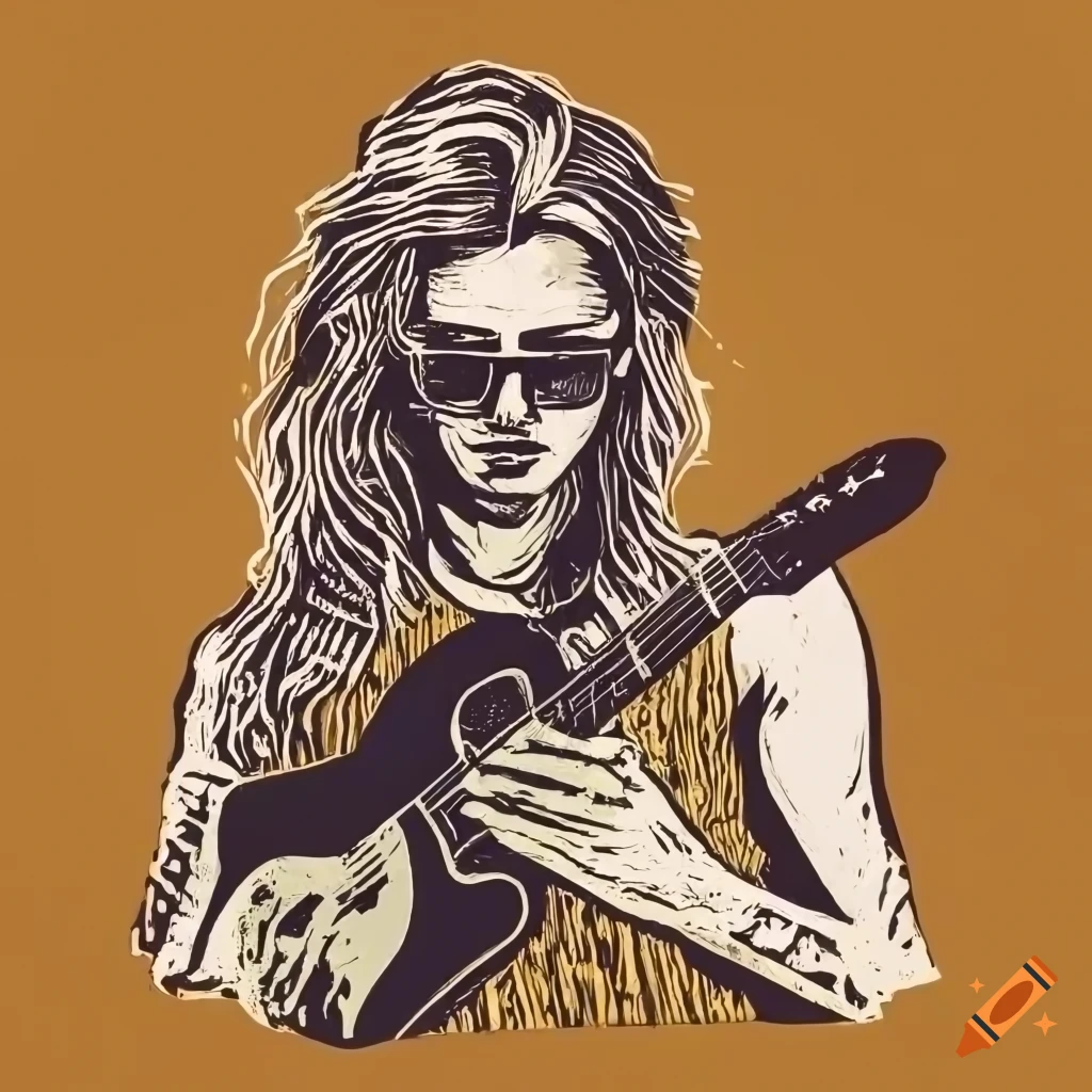 Young male rocker headbanging with guitar in 1990s grunge style