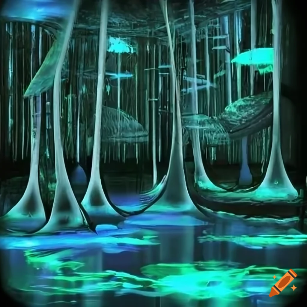 Biopunk paradise with surreal forest merging nature and technology