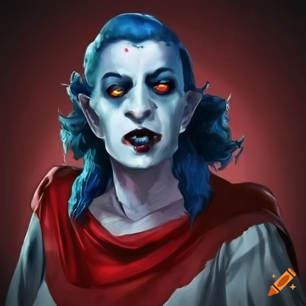 Dignified blue-skinned vampire in Roman robes
