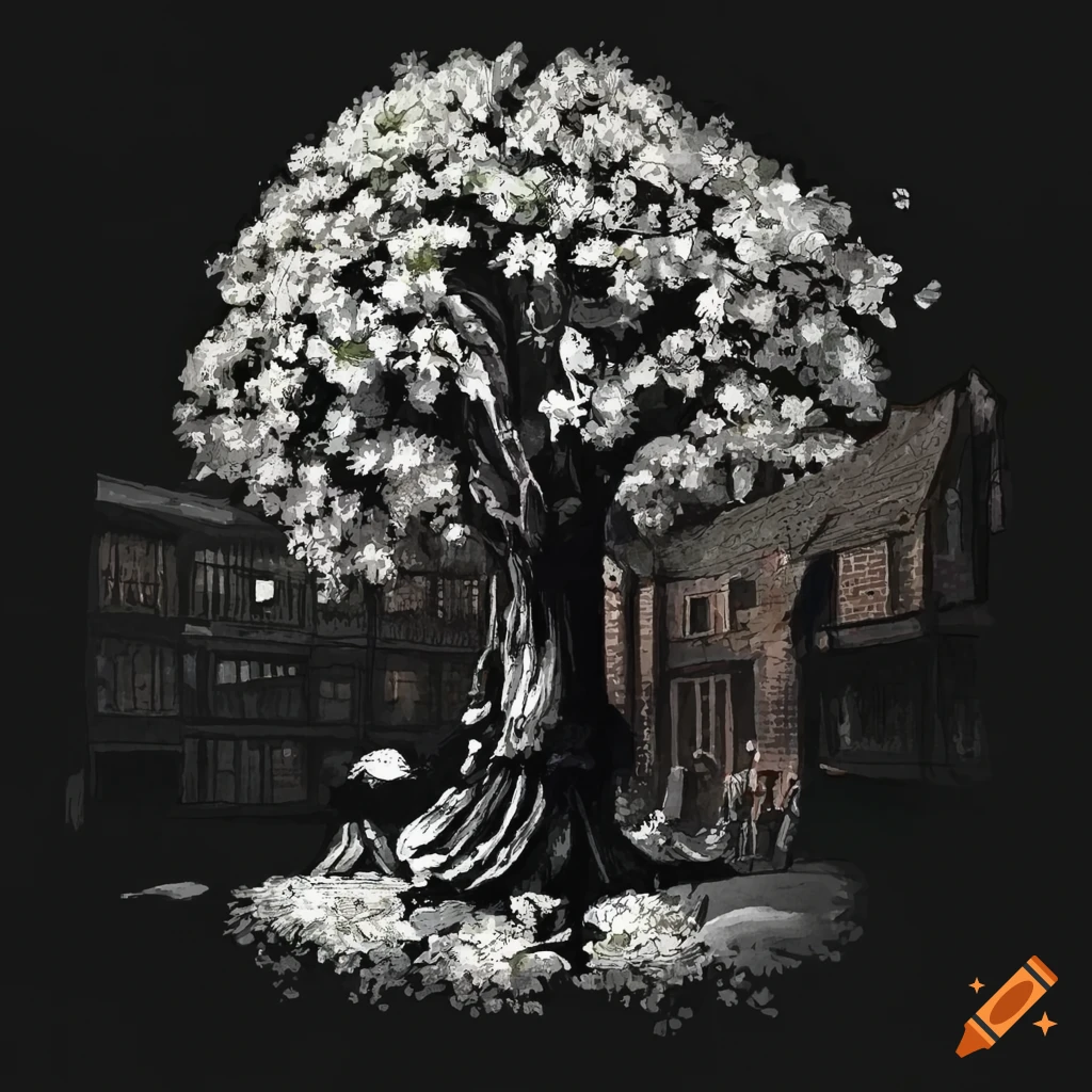 Highly detailed lime tree in bloom on a medieval market place in botanical medieval style