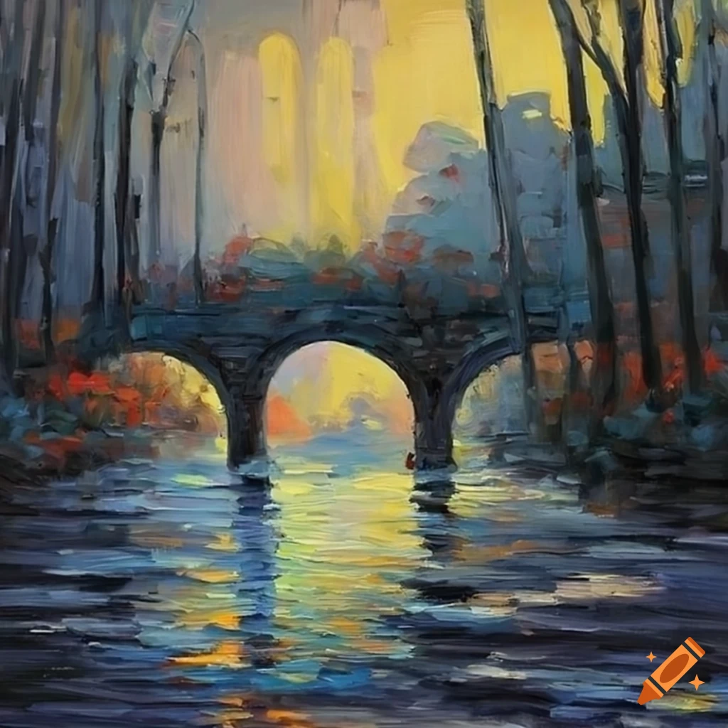 Impressionist painting of a bridge during a storm