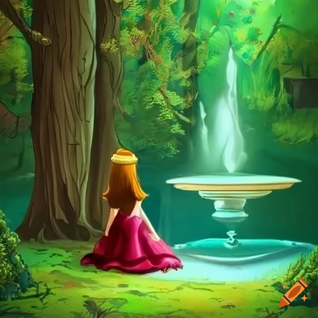 Princess in a magical fountain surrounded by colorful forest in a cartoonish style