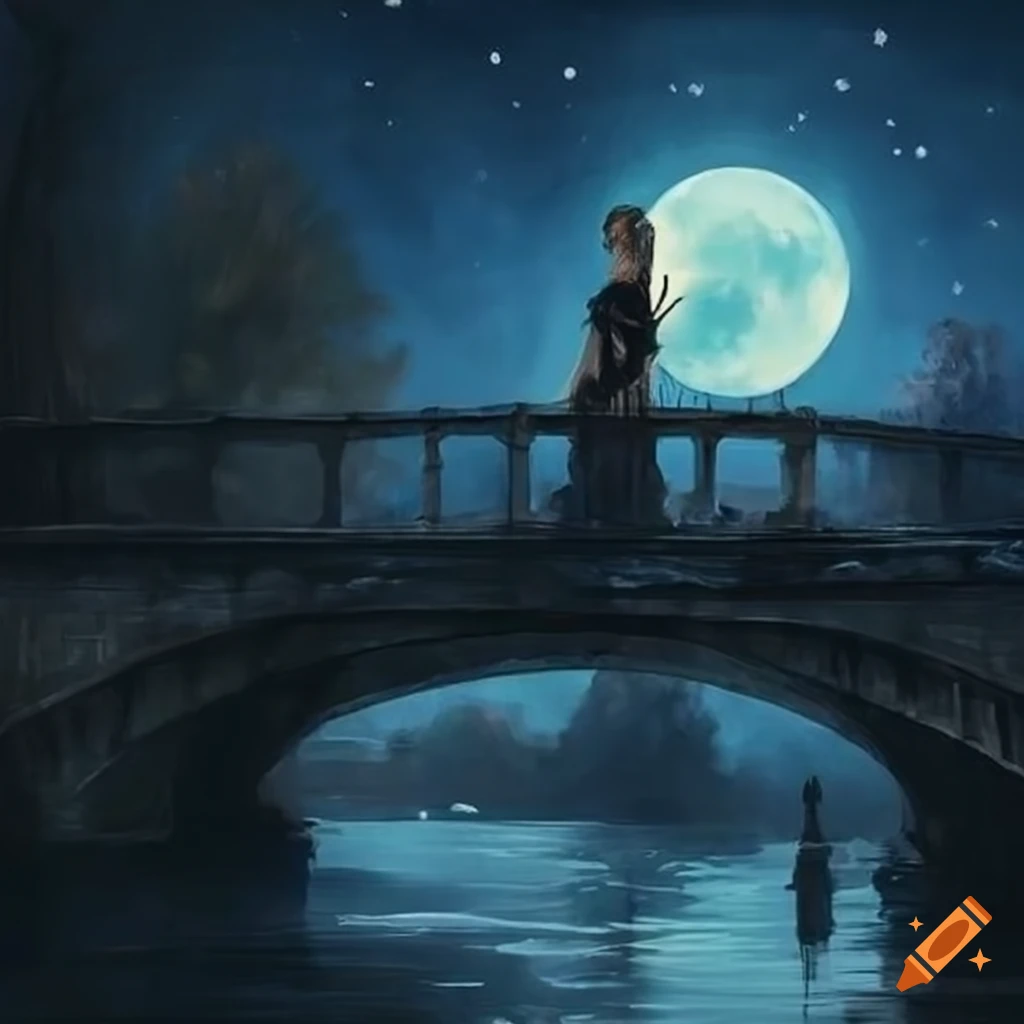 Beautiful woman on a moonlit bridge in a Manet-inspired scene