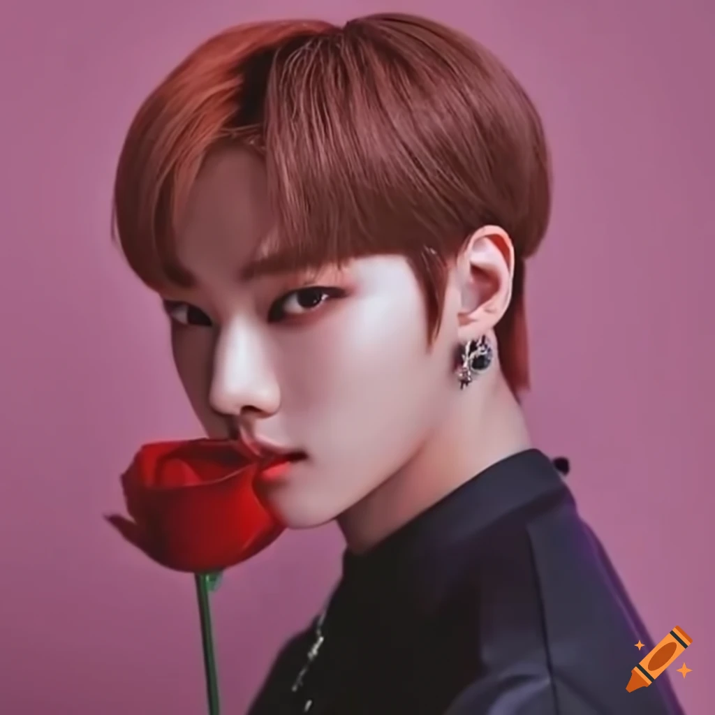 Lee Know from Stray Kids holding a rose