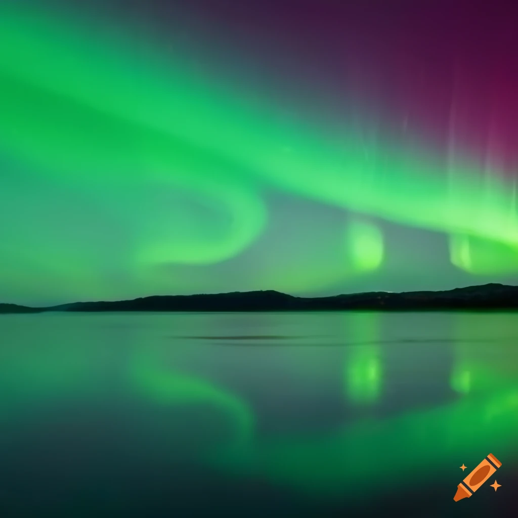 Bright green aurora with a duck in the distant sea