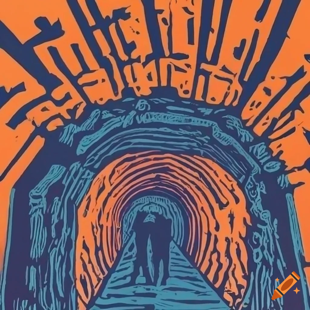 Silhouette at tunnel's end in a detailed linocut with orange and blue colors
