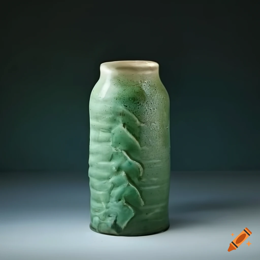Cylindrical clay pot with crocodile relief pattern and green ash glaze