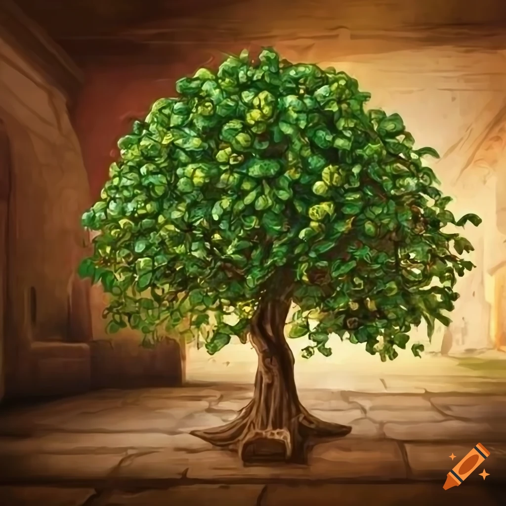 Highly detailed lime tree in a medieval market painted in botanical style