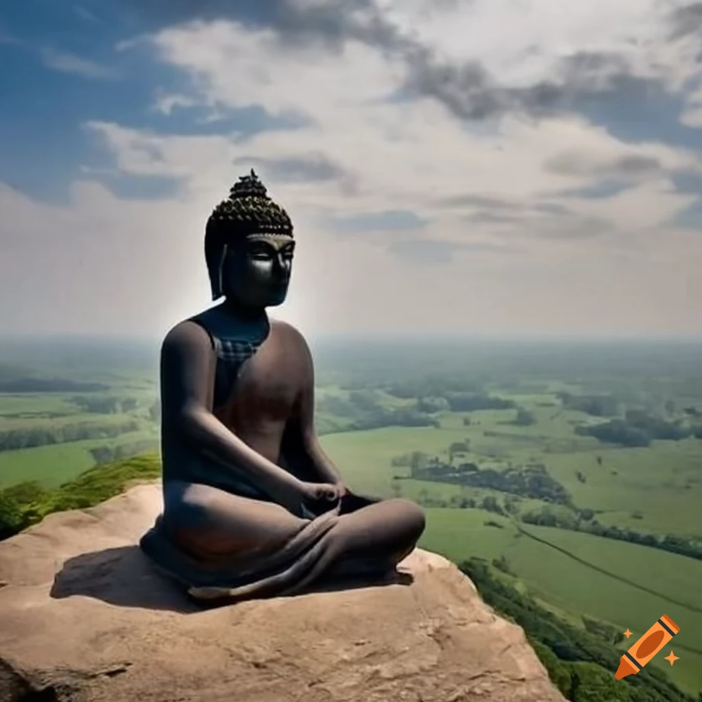 Guy sitting like Buddha on a hill with a modern house in the background