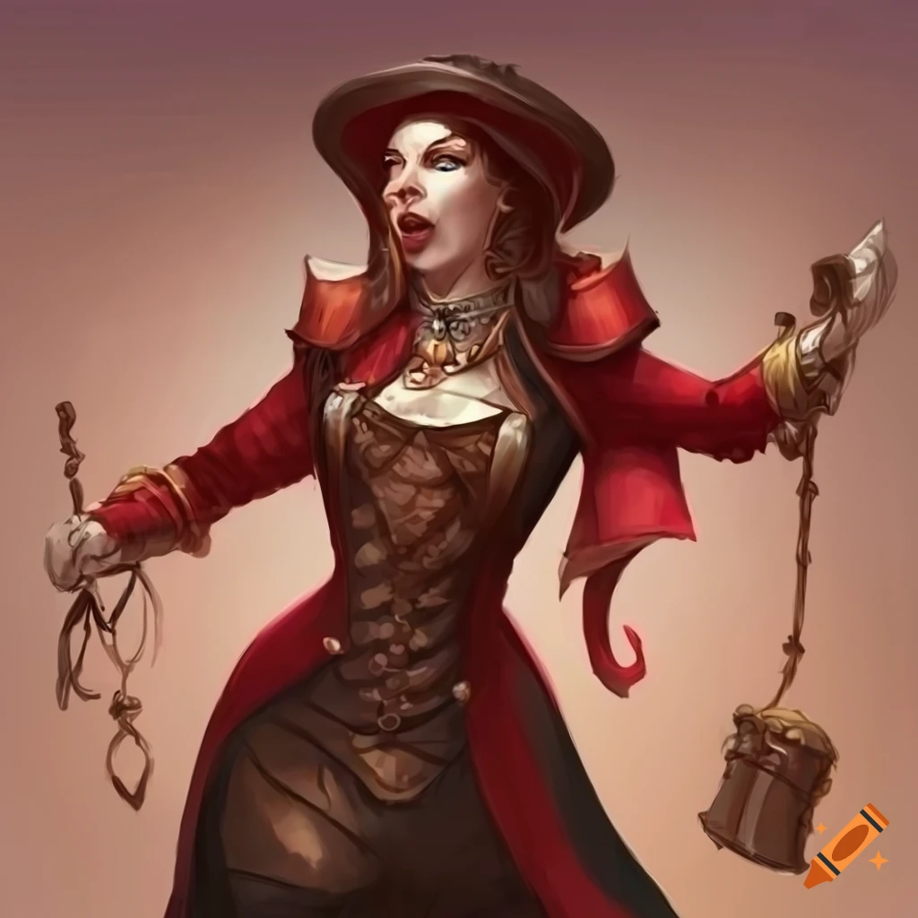 Female ringmaster in a Dungeons & Dragons fantasy setting