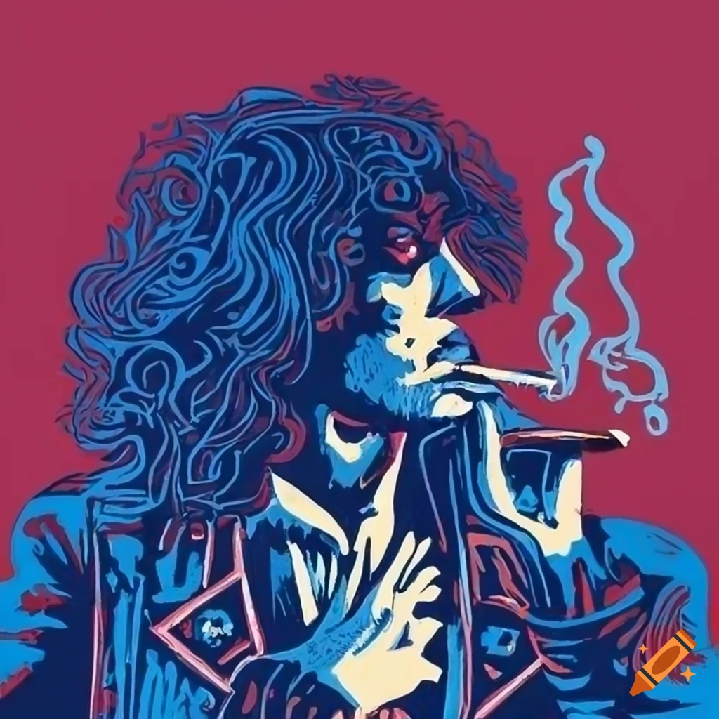 80s glam rocker with a cigarette in red, white, and blue linocut