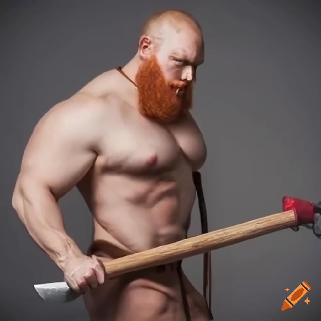Redhead bodybuilder barbarian with climbing tools and pickaxe