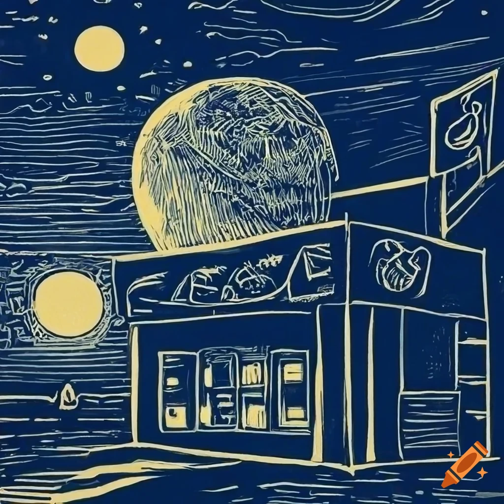 Detailed linocut of convenience store at night with moon and intricate background