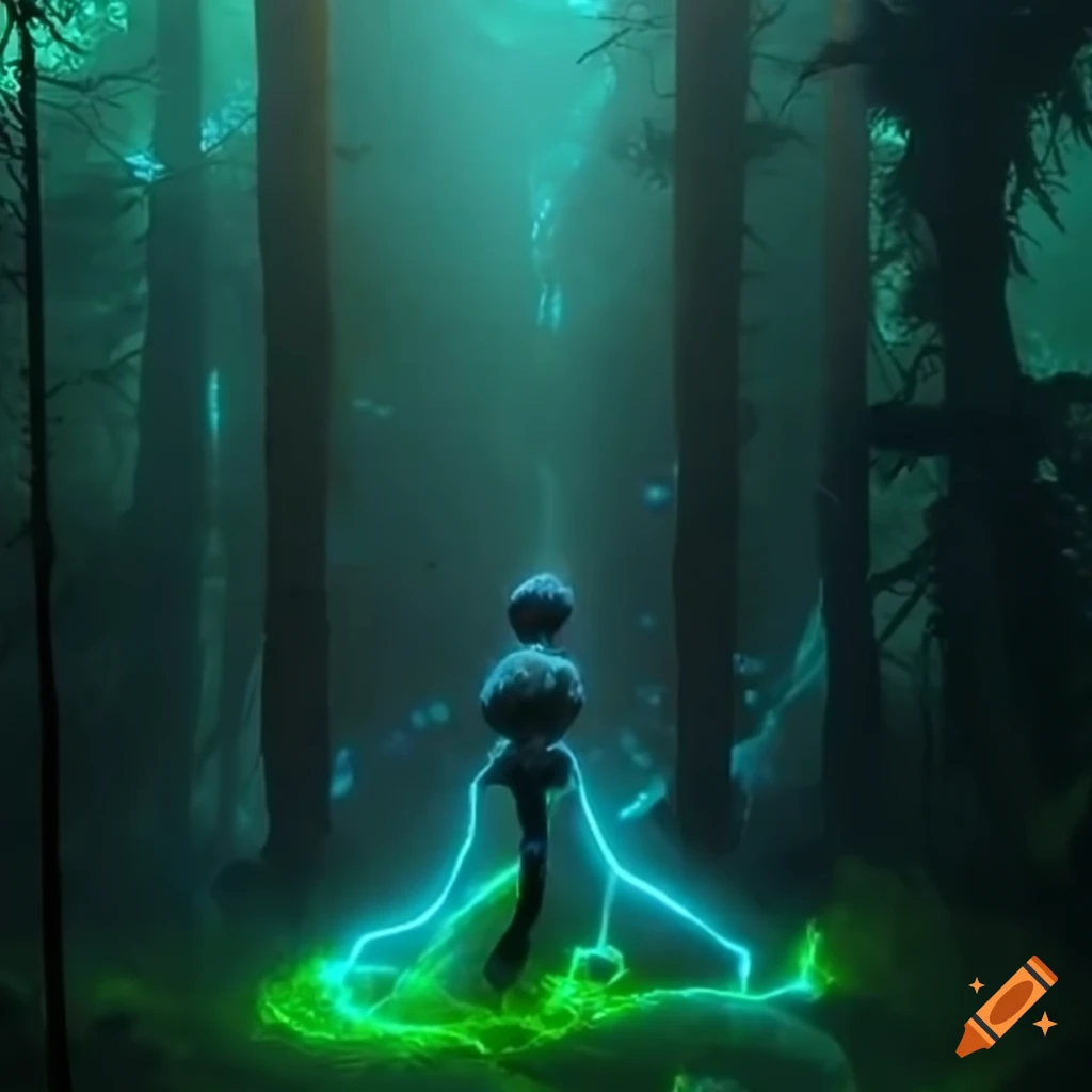 Surreal forest where nature and technology merge with bioluminescent trees