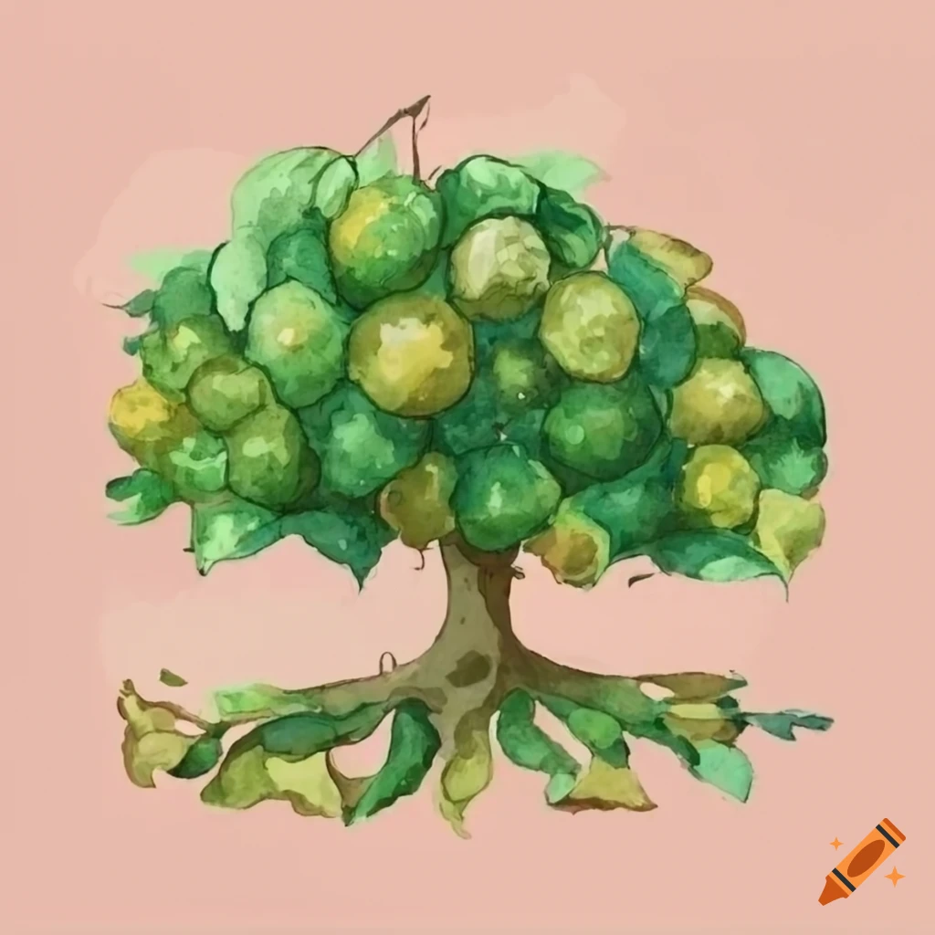 Highly detailed lime tree in bloom on a medieval market place in botanical medieval style