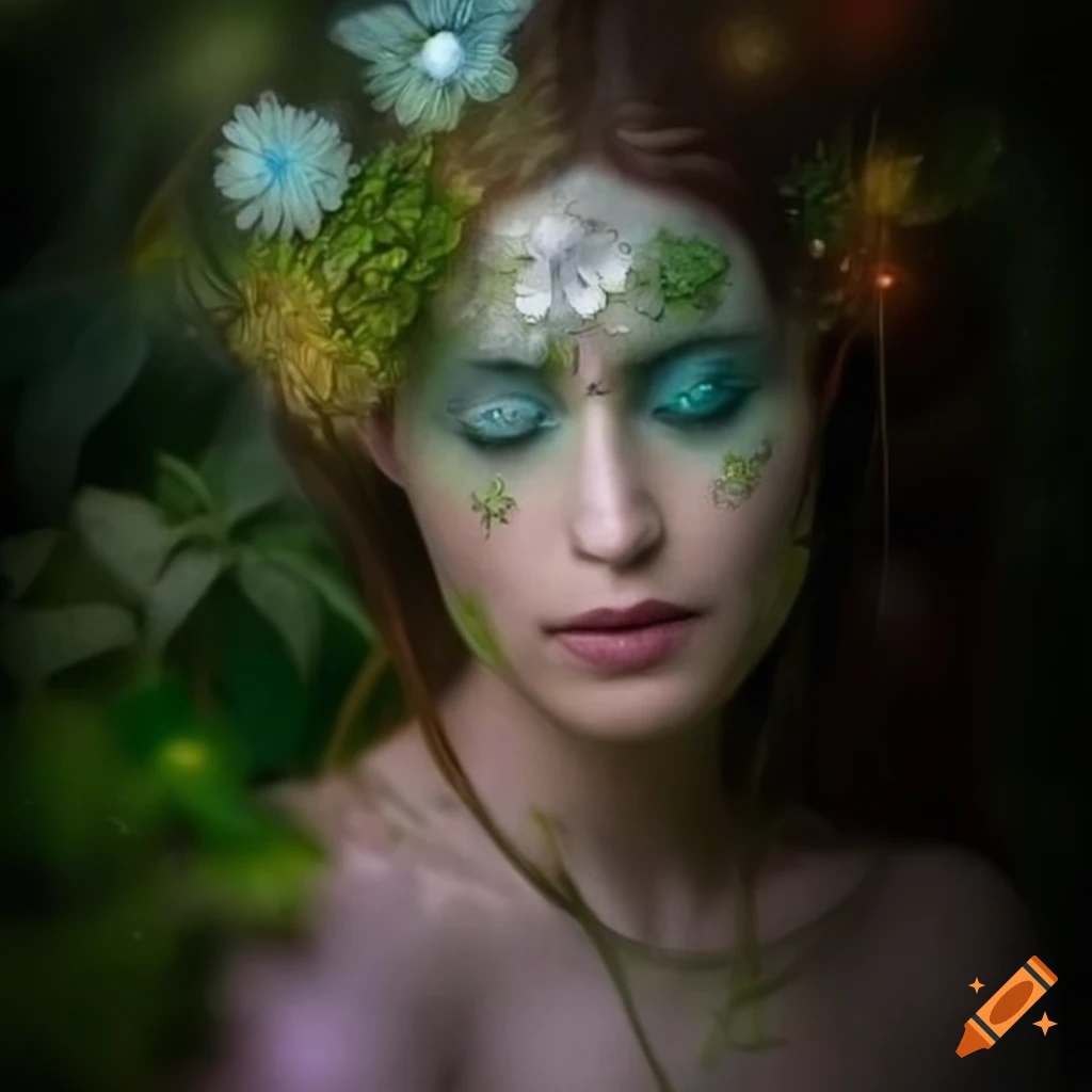 Ethereal painting of a magical nettle goddess among enchanted flora