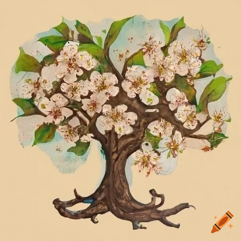Detailed lime tree in a medieval market painted in botanical style