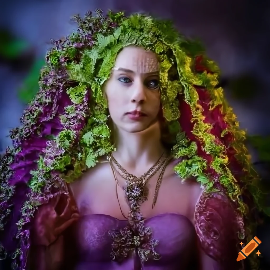 Colorful nettle goddess painting in medieval style on nettle background