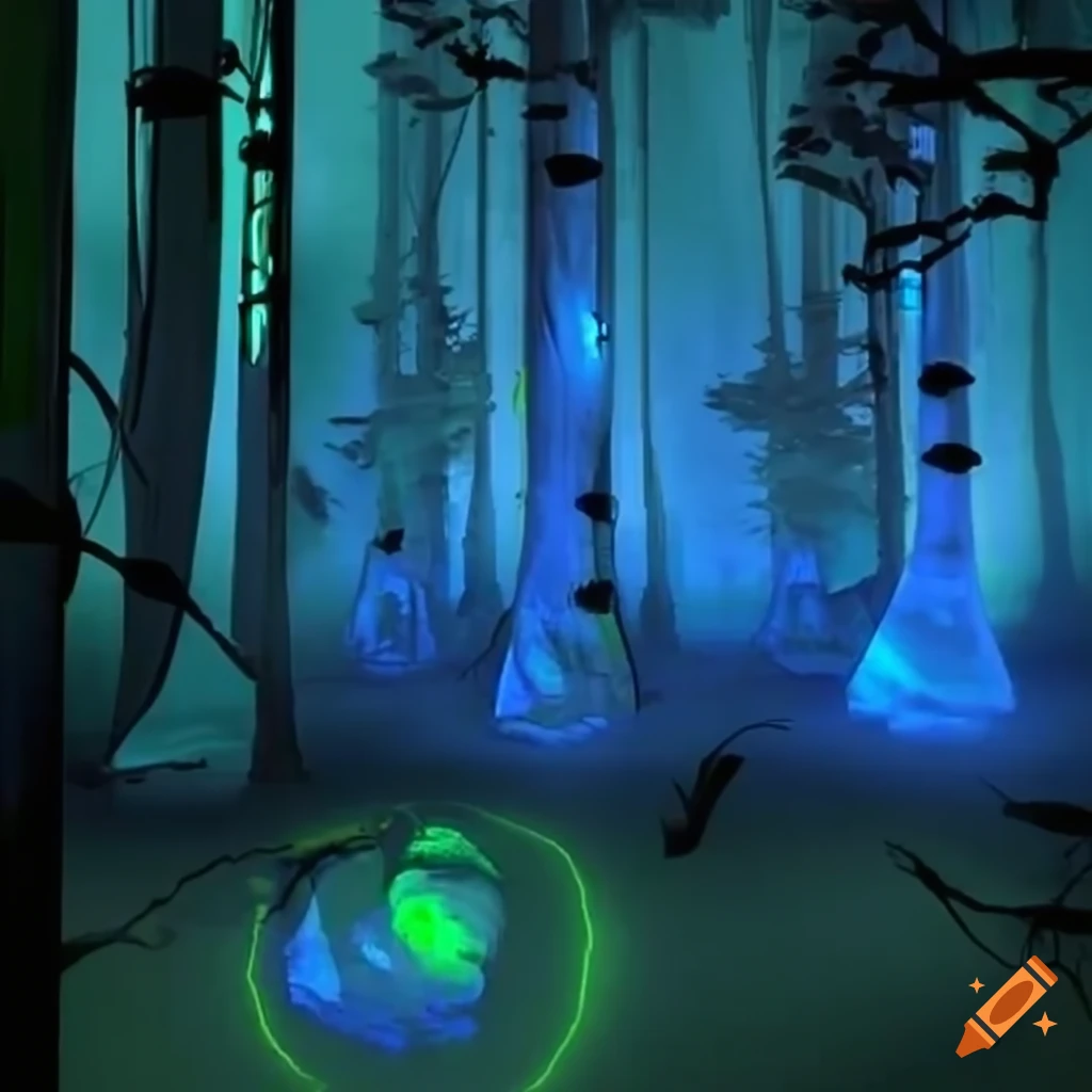 Biopunk paradise featuring a surreal forest merging nature and technology