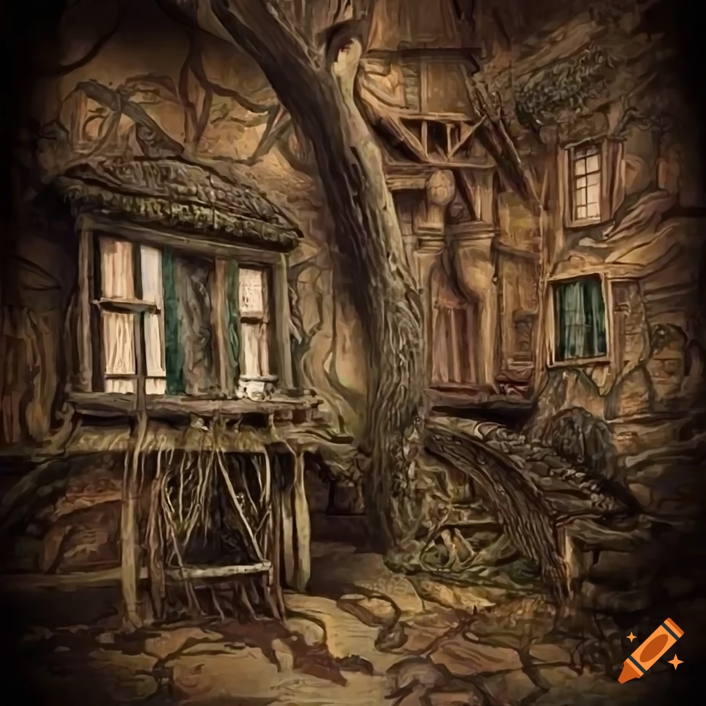 Ancient high detailed tree houses in botanical medieval style on enchanted background