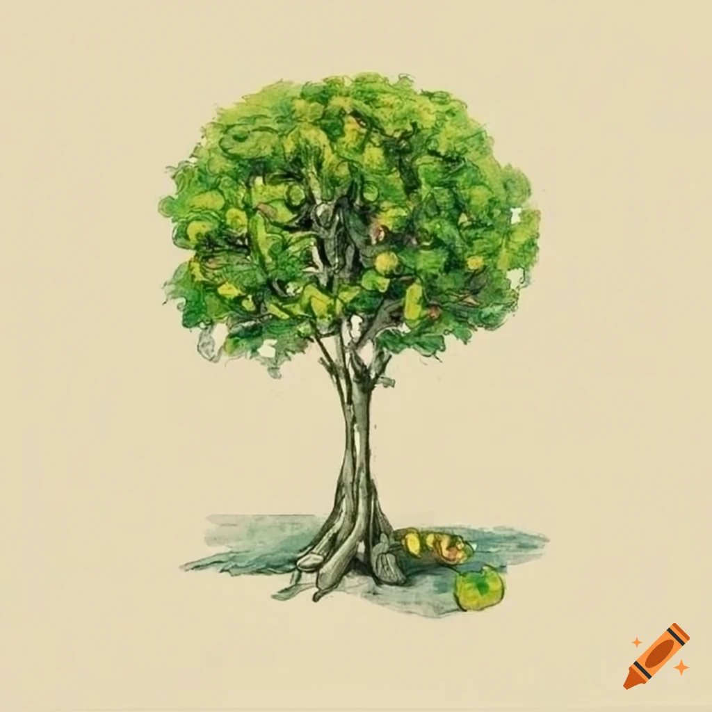 Highly detailed lime tree on medieval market in botanical medieval style