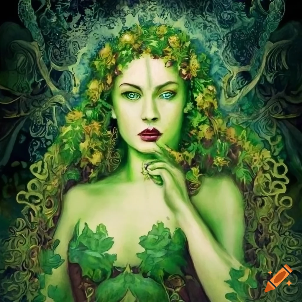 Colored portrait of Poison Ivy Goddess in mystic medieval style on Craiyon