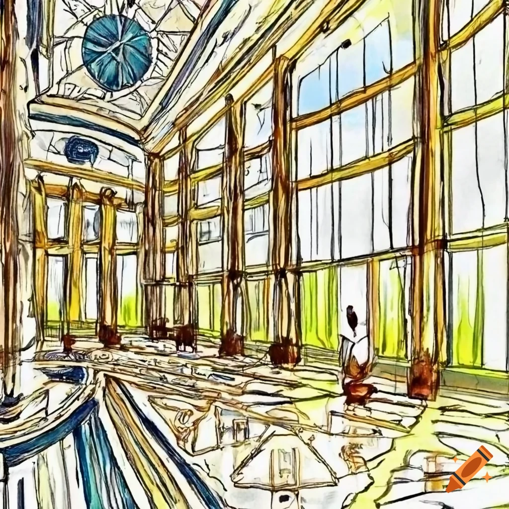Hand-drawn architectural blueprint of a grand hotel lobby with atrium