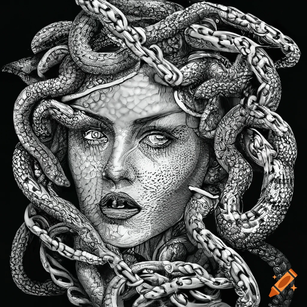 Medusa with chains instead of snakes in intricate black and white ink art
