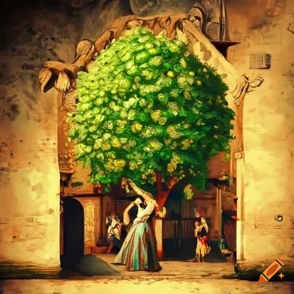 Lime tree and people dancing in a botanical medieval style market place