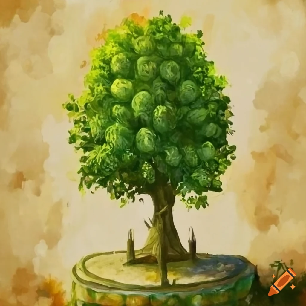 Highly detailed lime tree on medieval market in botanical medieval style