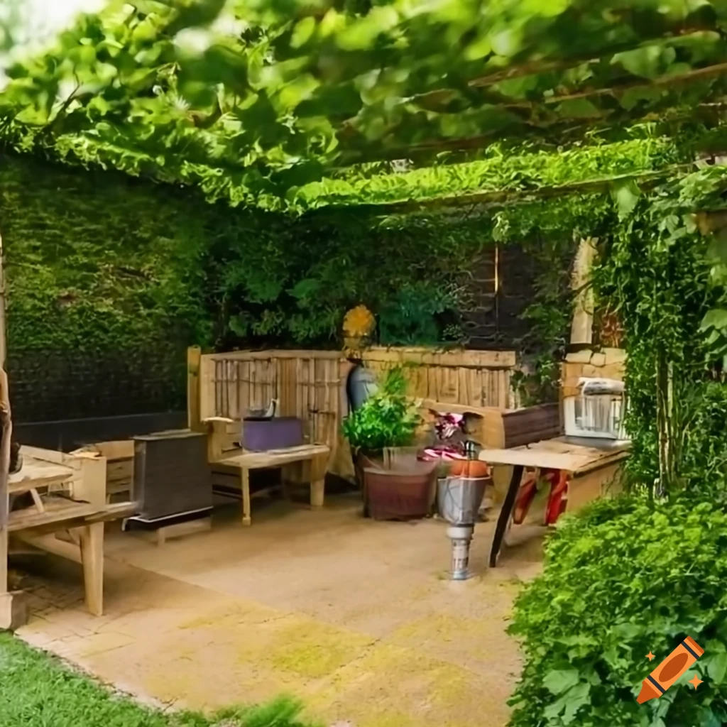 Outdoor garden seating area under a triangular pergola with vines, next to a garden kitchen with BBQ