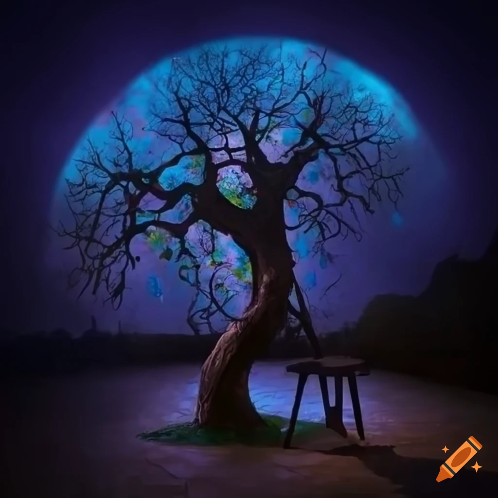 Enchanted lime tree in medieval village square illuminated by lanterns