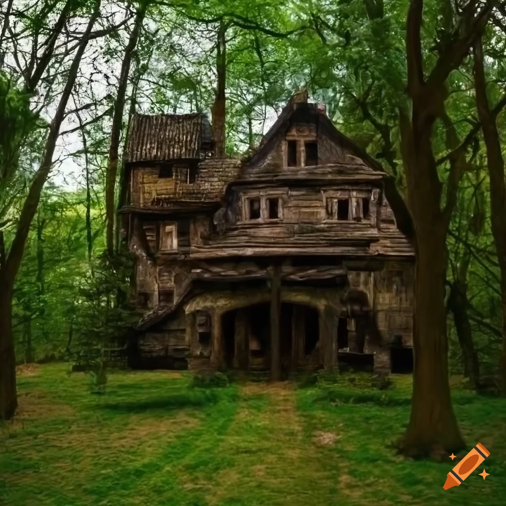 Ancient high detailed tree houses in botanical medieval style on enchanted background