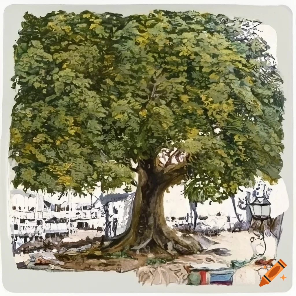 Highly detailed lime tree in a medieval marketplace with botanical medieval style