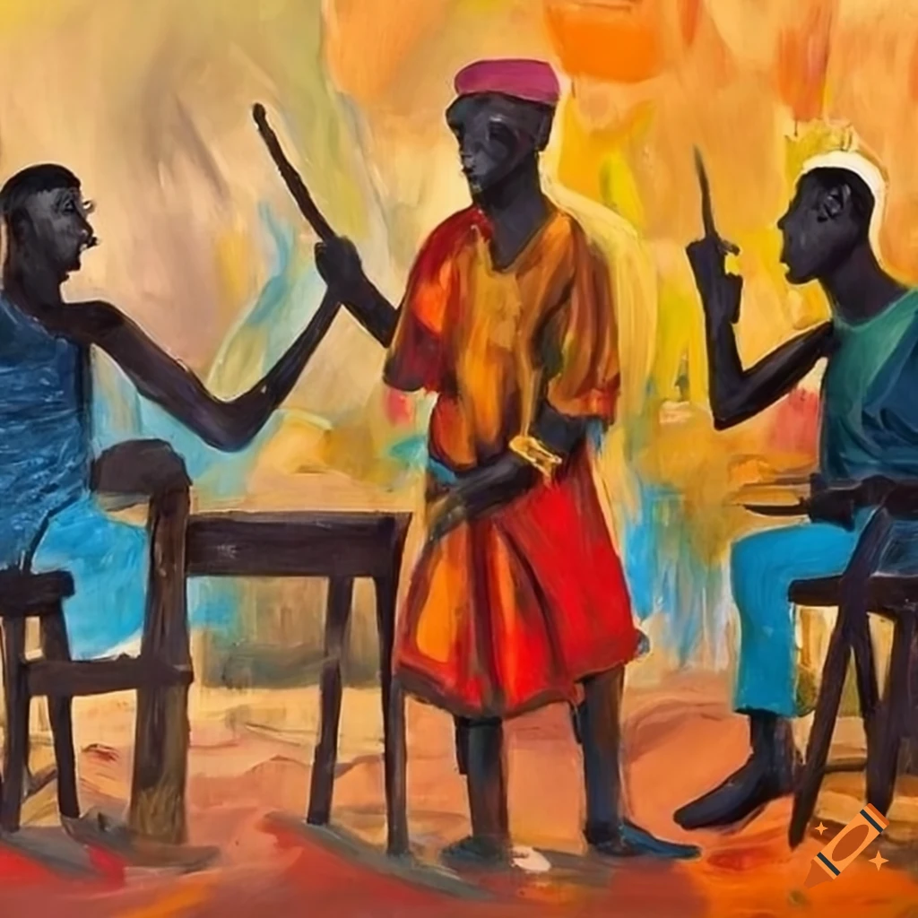 Expressionism African African men speaking in a village in expressionism style using acrylic ...