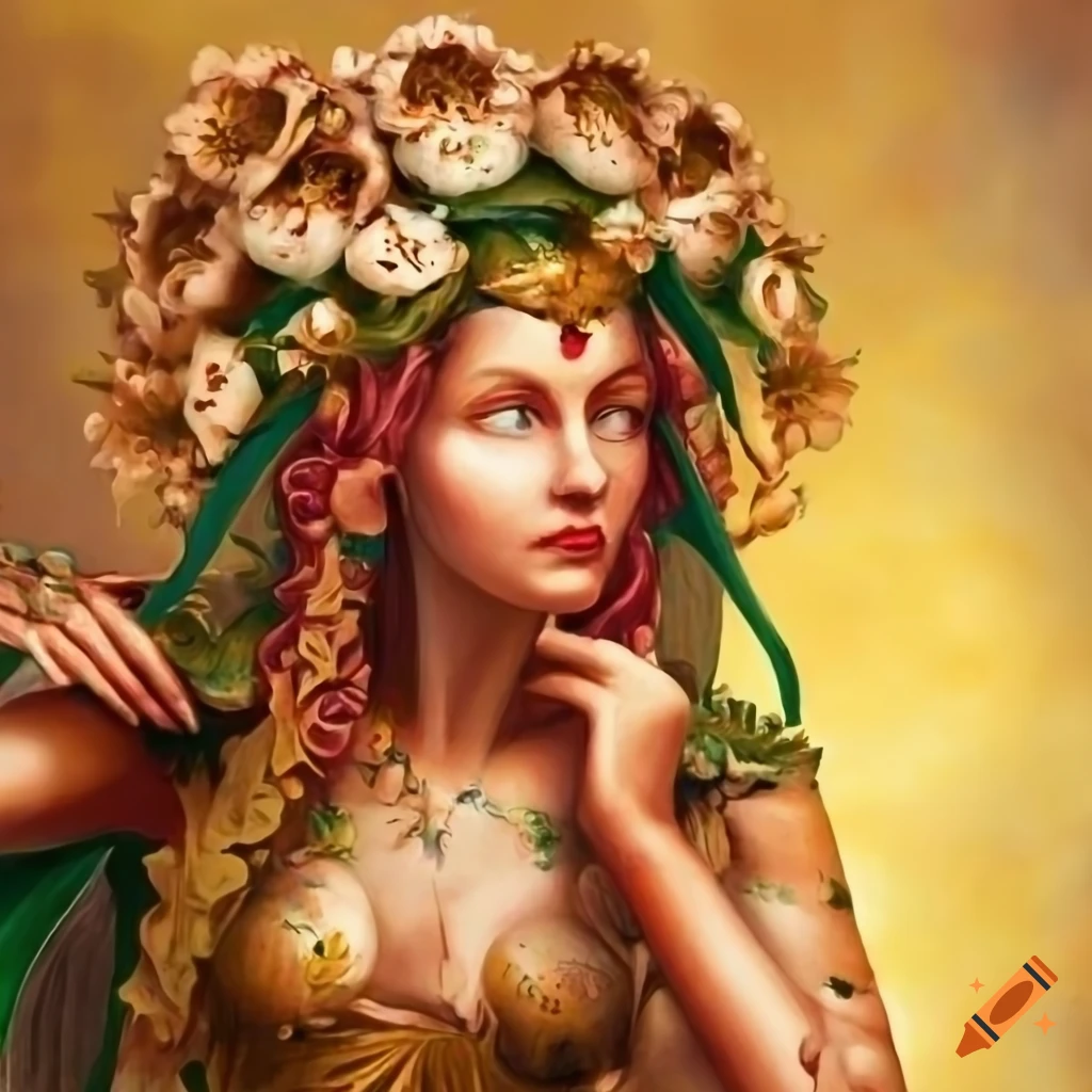 Detailed lime tree blossom goddess in botanical medieval style