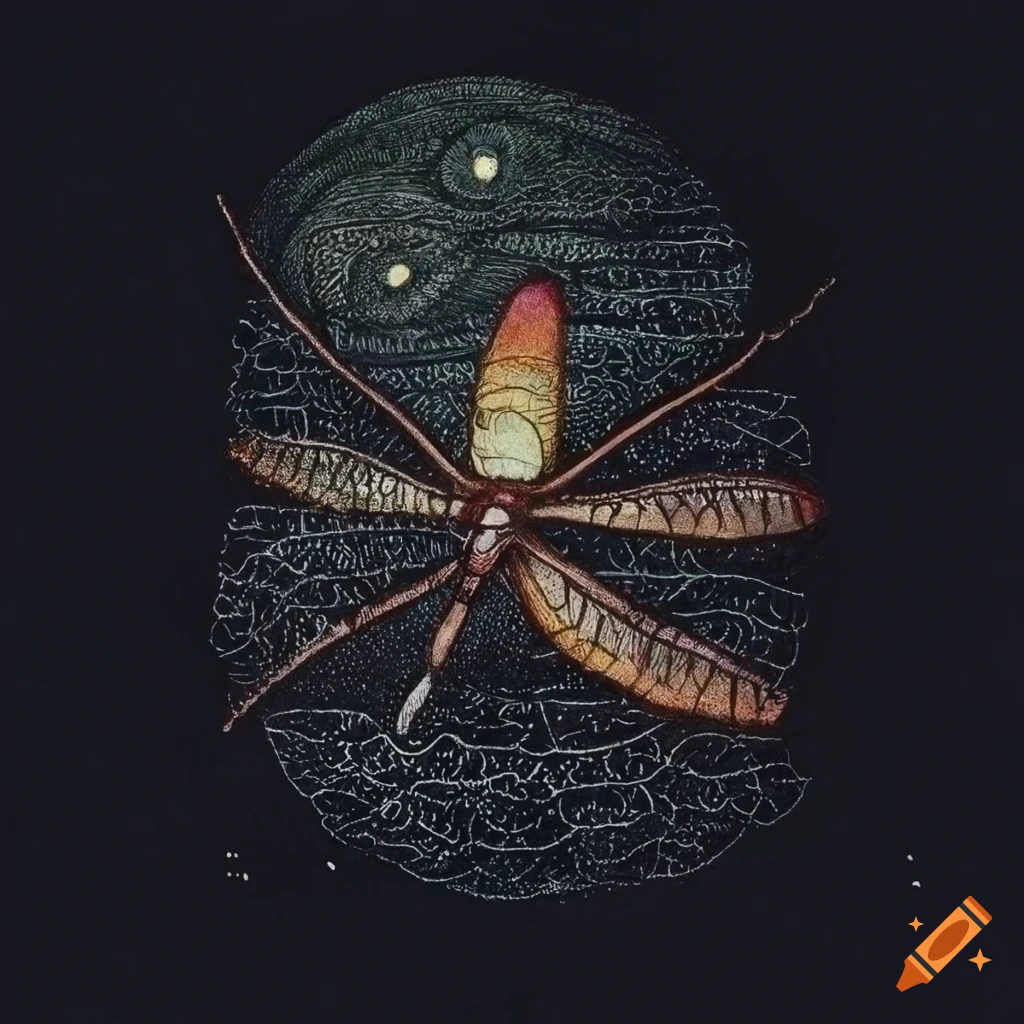 Edward Gorey's detailed dragonfly with moon, stars, and fire in a moody atmosphere
