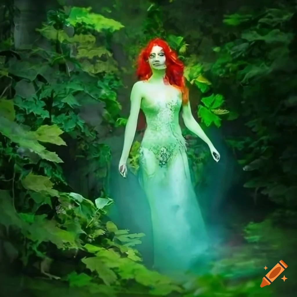 Painting of a mythical poison ivy goddess surrounded by vibrant flora