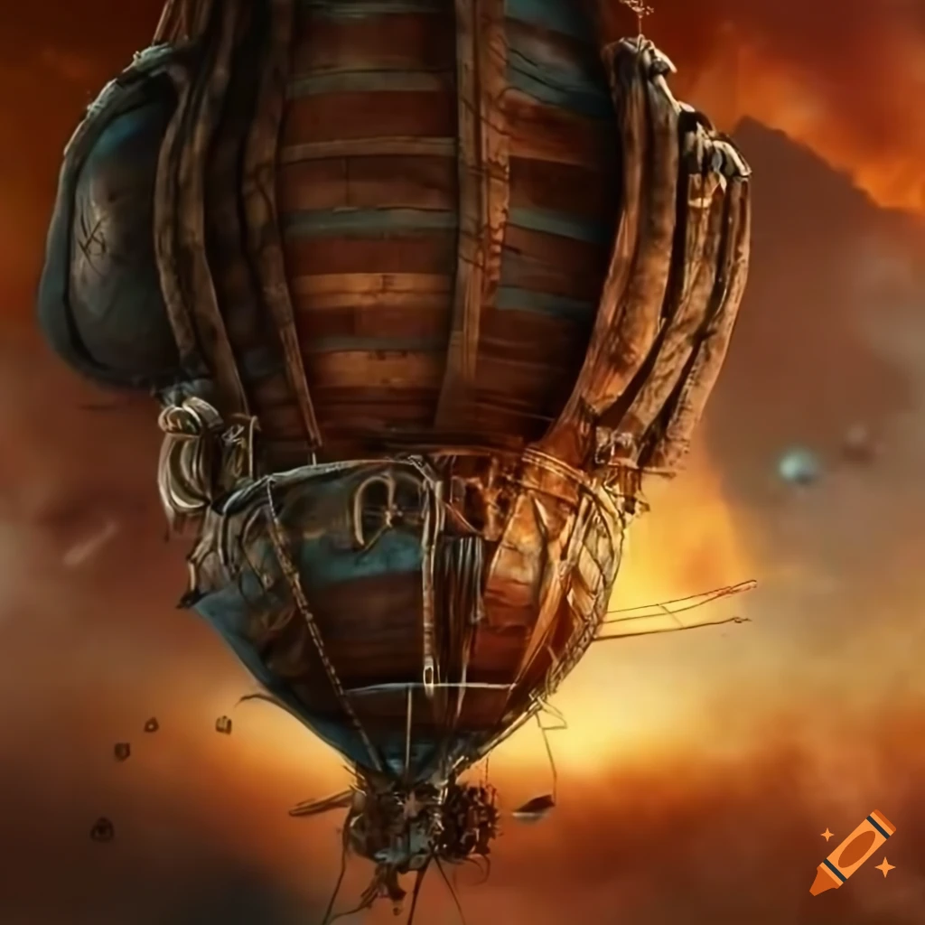 Steampunk dystopian airship with nautical cabin and rowdy pirates