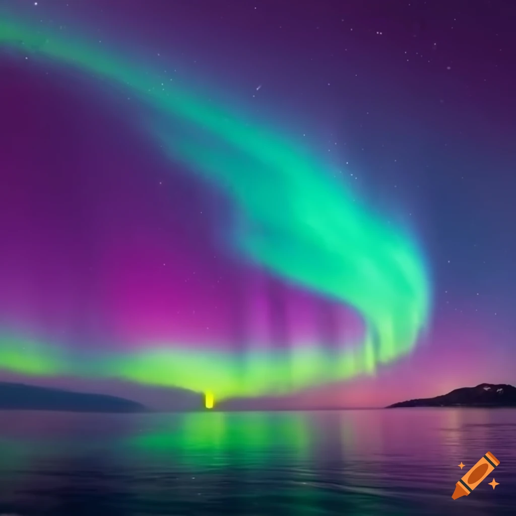 Pink and blue aurora lights over a clear ocean and small island