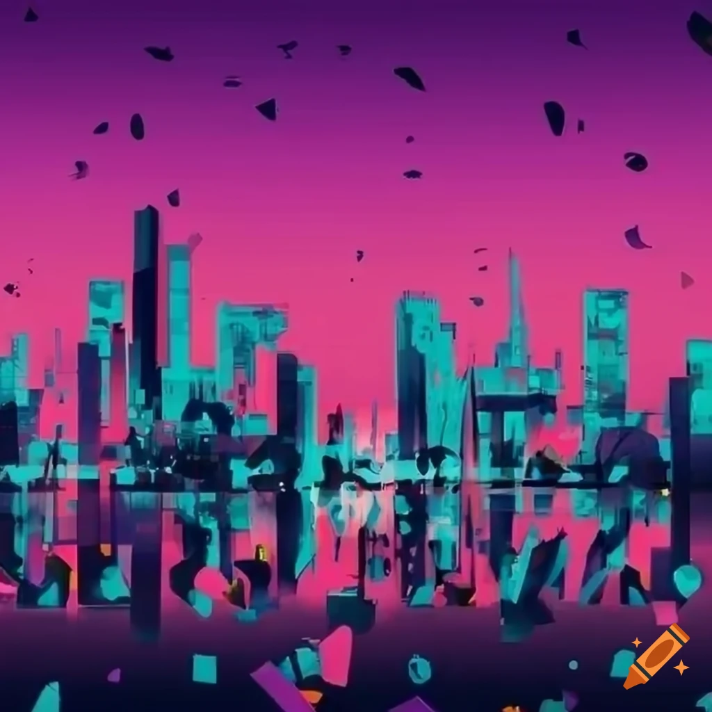 Bold and colorful hip-hop typography against an urban cityscape backdrop