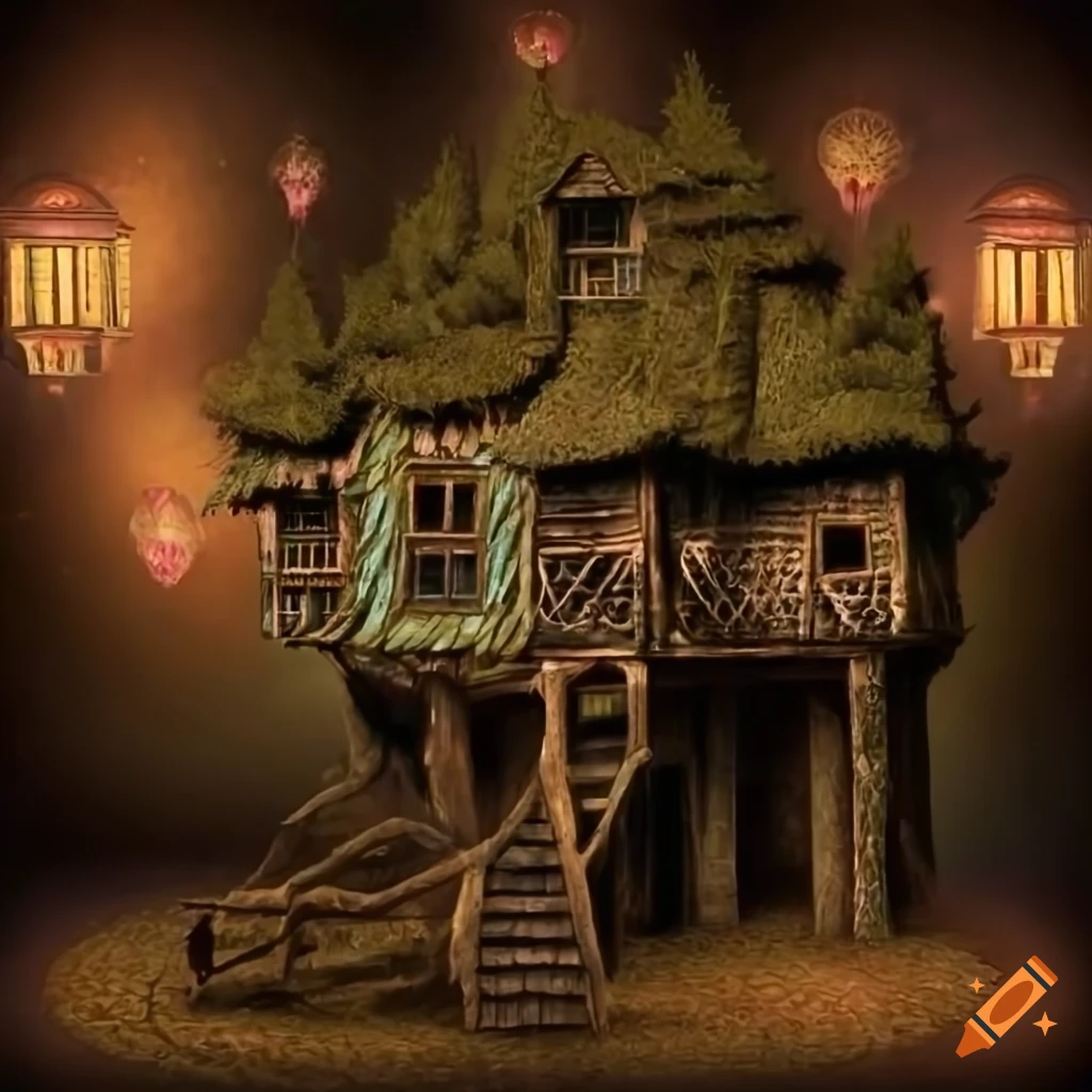 Ancient high detailed tree houses in botanical medieval style on enchanted background