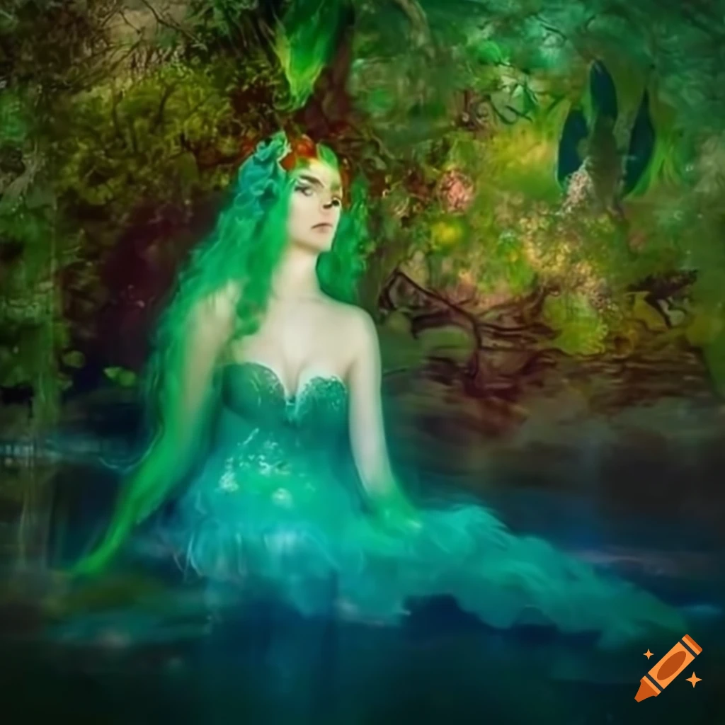 Mythical poison ivy goddess in shallow water surrounded by enchanted flora
