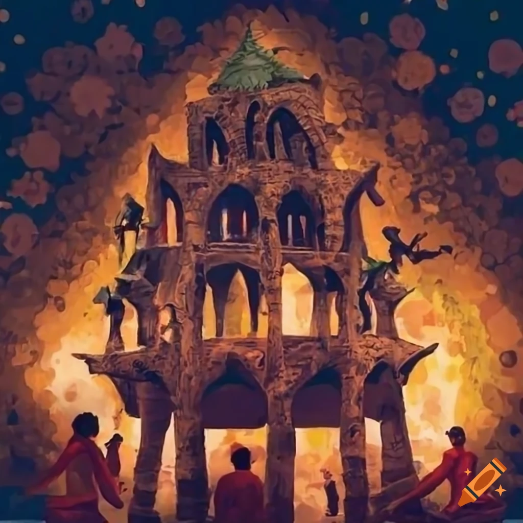 Lime tree with dancing people around bonfire on medieval market place in botanical medieval style